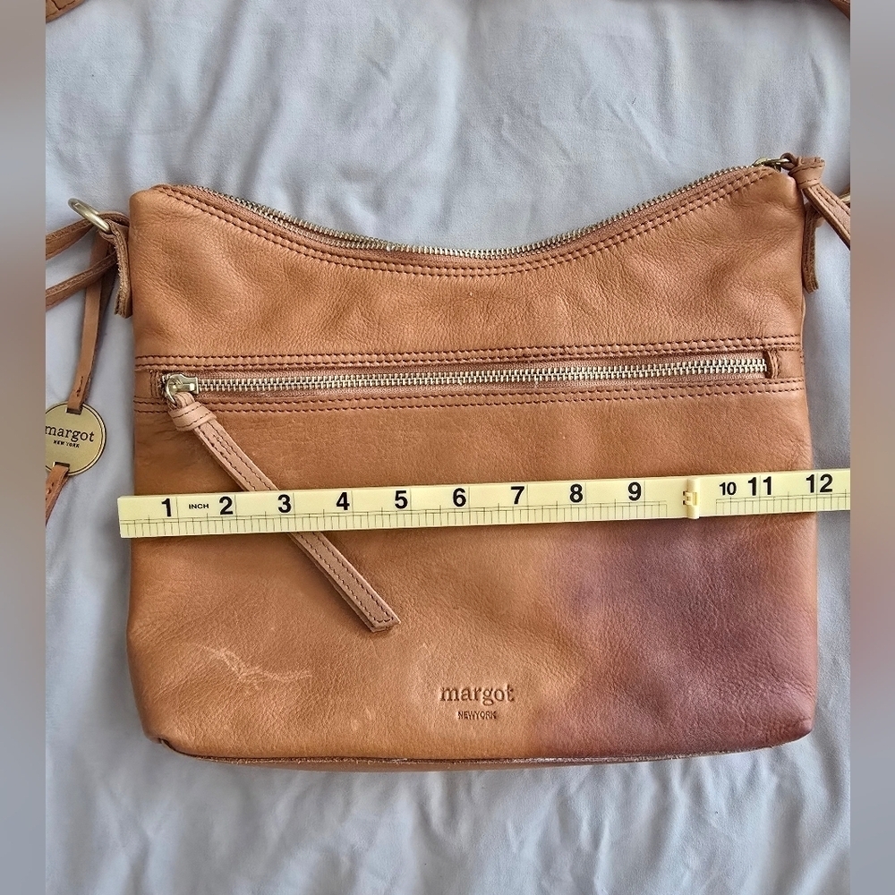 Margot New York Mary Scoop Double Zipper Cognac Brown Leather Shoulder Bag - Picture 7 of 10